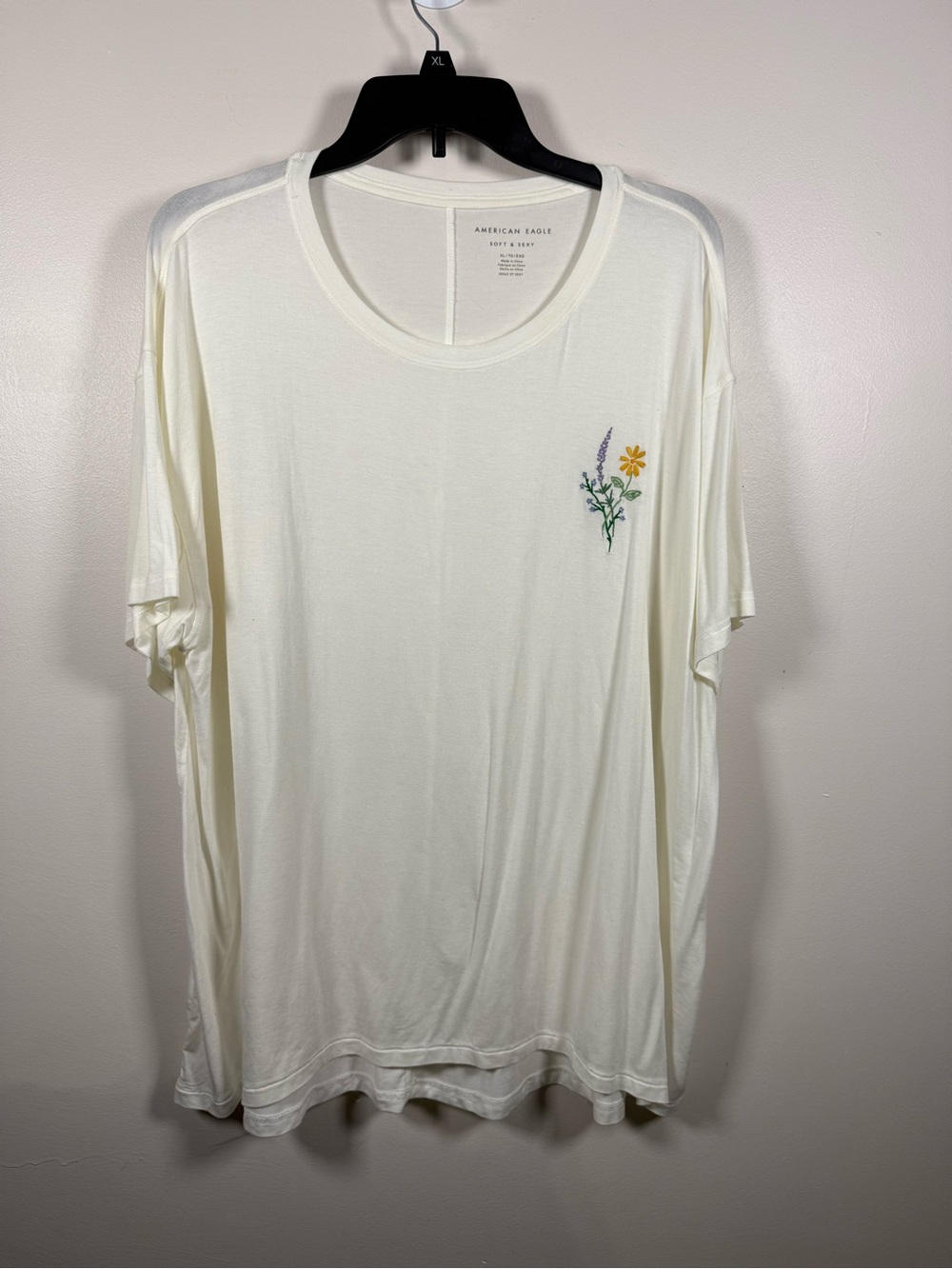 American Eagle Outfitters Cream Tee with Small Floral Embroidery